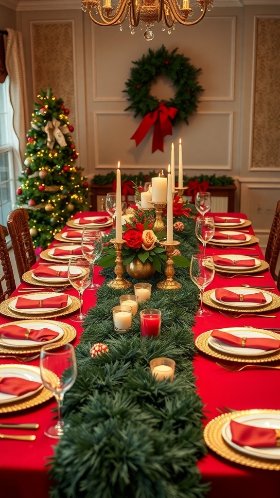 A large Christmas dining table elegantly set with red and gold decorations, featuring a festive centerpiece and warm lighting.